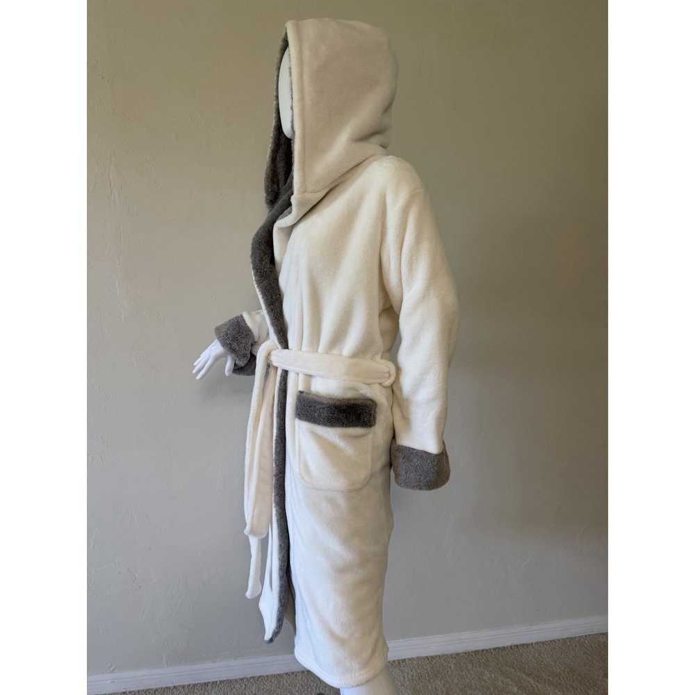 Soft White And Gray Plush Fleece Hooded Robe S/M Women's Fur Trim Belted Pockets - Picture 6 of 13